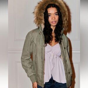 Hollister Faux Fur-Lined Bomber Jacket Olive Green Medium NWT